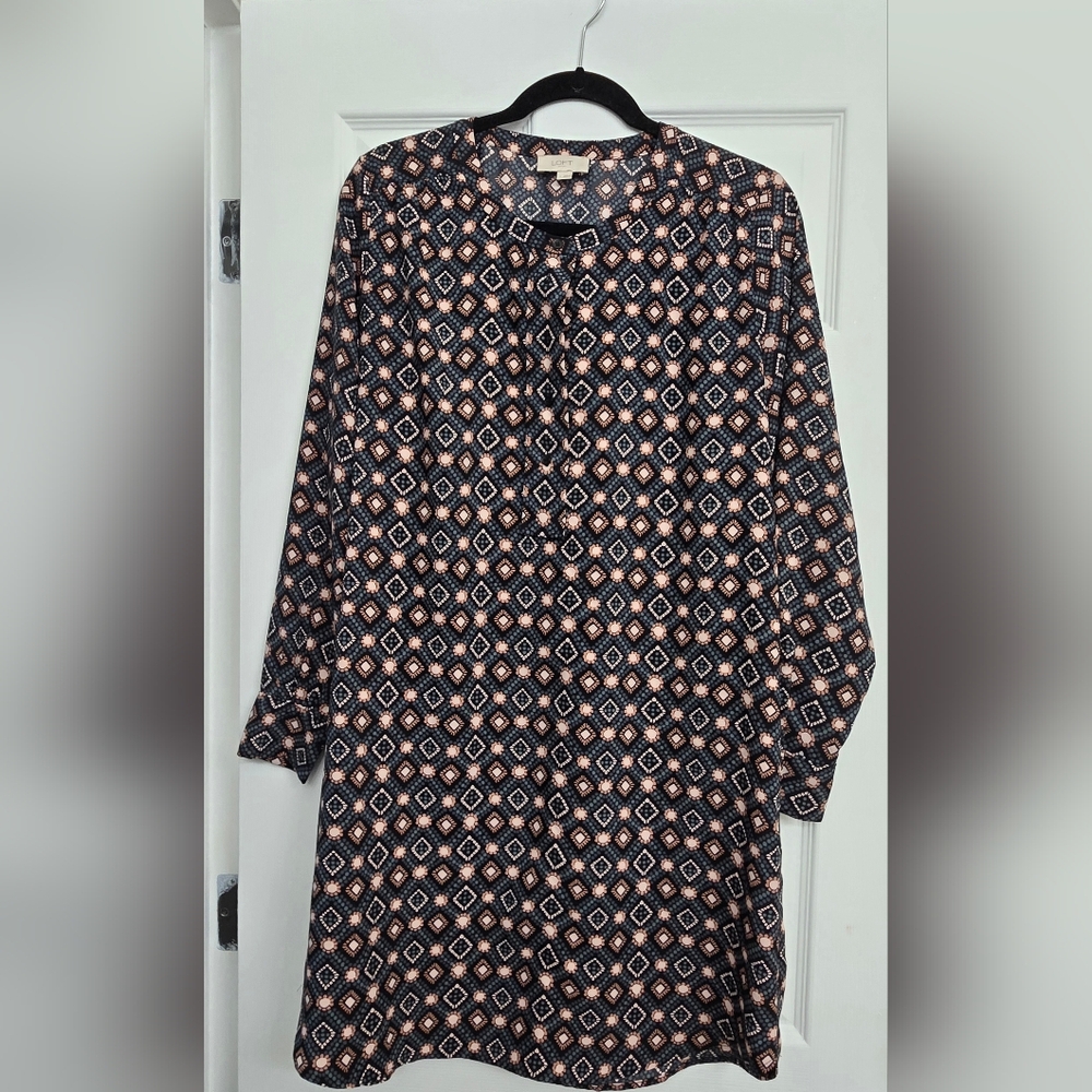 LOFT Geometric Pattern Long Sleeve Dress - Black and Pink